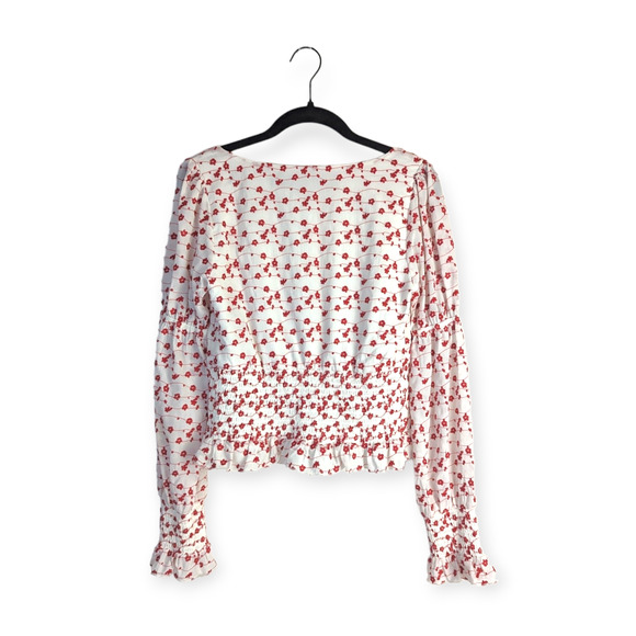 Code X Mode White Red Floral Print Long‎ Sleeve Embroidered Smocked Top Size S - Picture 6 of 8
